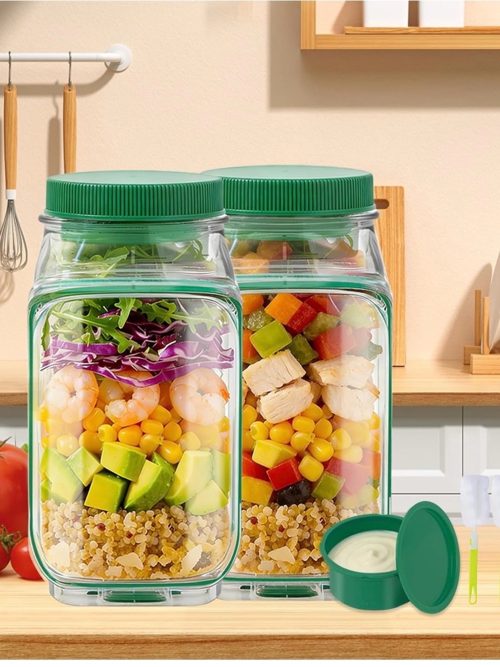 Green Airtight Meal Prep Containers with Dressing Cup - Home Kitchen